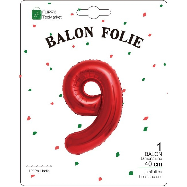 Balon din Folie Metalizata Flippy, Figurina Cifra, Tema Aniversare 40 cm, Ambalaj Individual, Pai inclus, Umflare cu Aer sau Heliu, Rosu, Cifra 9 [2]