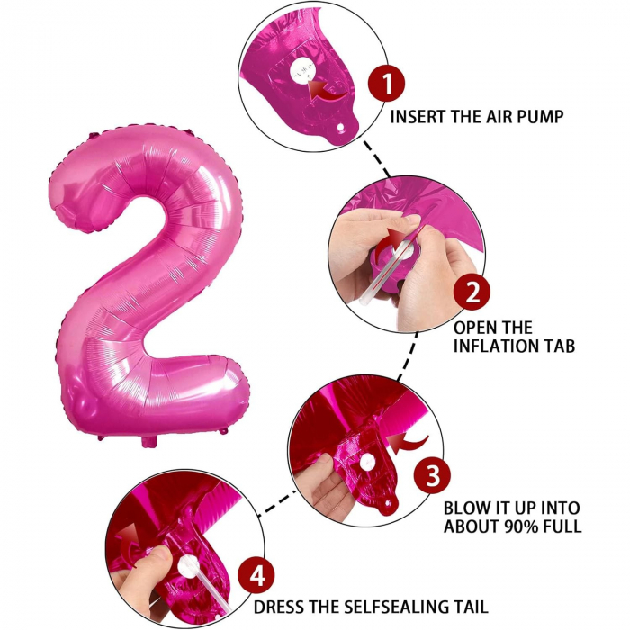 Balon din Folie Metalizata Flippy, Figurina Cifra, Tema Aniversare 40 cm, Ambalaj Individual, Pai inclus, Umflare cu Aer sau Heliu, Roz, Cifra 2 [5]