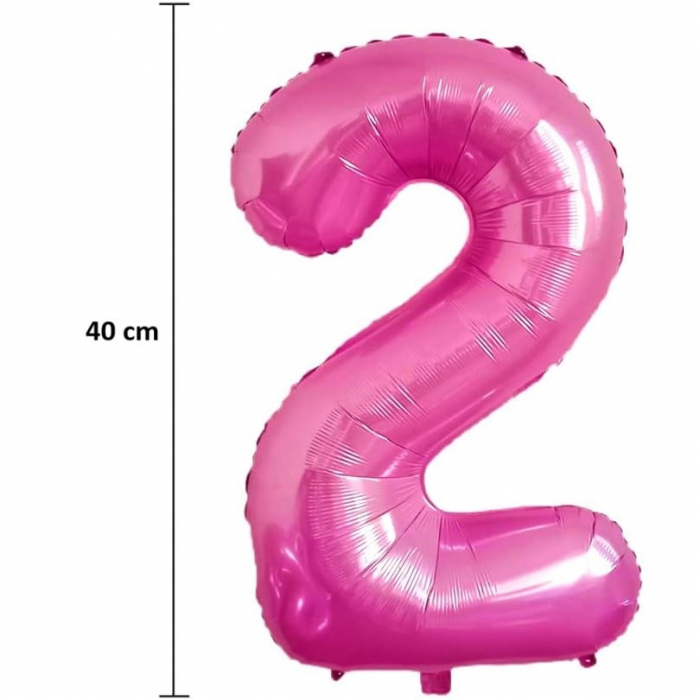 Balon din Folie Metalizata Flippy, Figurina Cifra, Tema Aniversare 40 cm, Ambalaj Individual, Pai inclus, Umflare cu Aer sau Heliu, Roz, Cifra 2 [2]