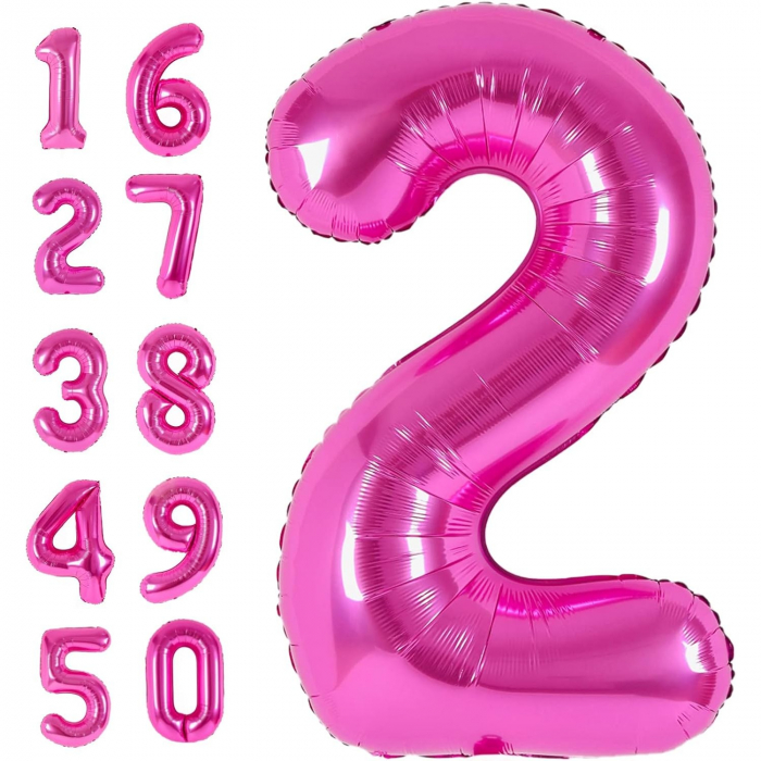 Balon din Folie Metalizata Flippy, Figurina Cifra, Tema Aniversare 40 cm, Ambalaj Individual, Pai inclus, Umflare cu Aer sau Heliu, Roz, Cifra 2 [11]