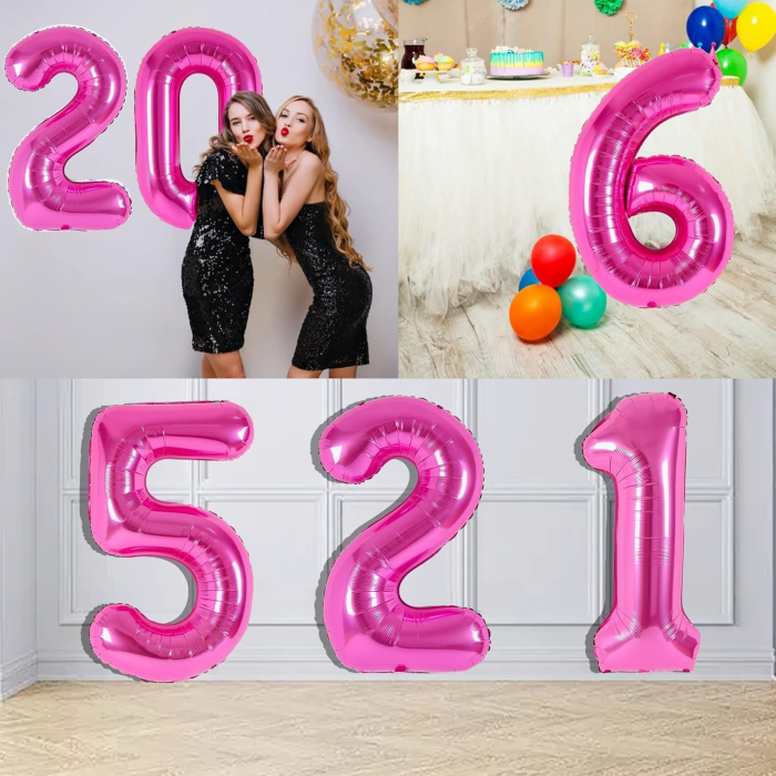 Balon din Folie Metalizata Flippy, Figurina Cifra, Tema Aniversare 40 cm, Ambalaj Individual, Pai inclus, Umflare cu Aer sau Heliu, Roz, Cifra 2 [8]