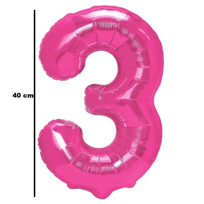 Balon din Folie Metalizata Flippy, Figurina Cifra, Tema Aniversare 40 cm, Ambalaj Individual, Pai inclus, Umflare cu Aer sau Heliu, Roz, Cifra 3 [2]