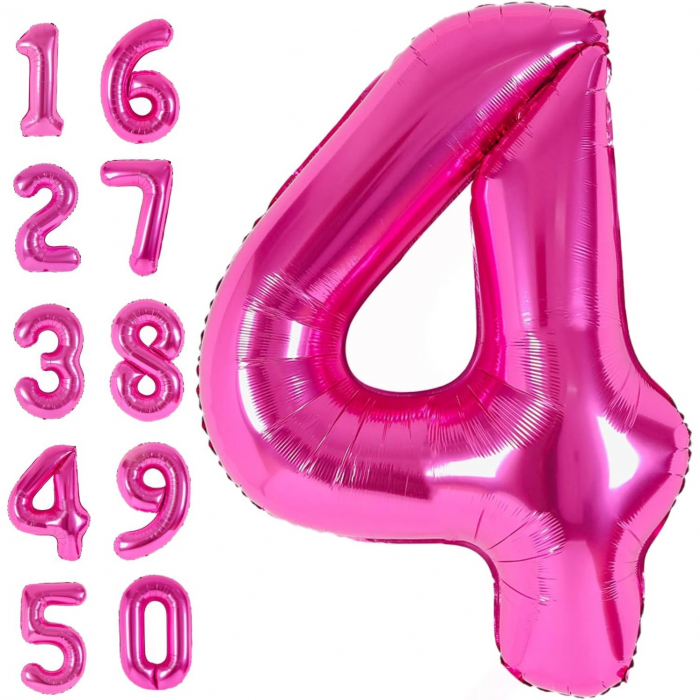 Balon din Folie Metalizata Flippy, Figurina Cifra, Tema Aniversare 40 cm, Ambalaj Individual, Pai inclus, Umflare cu Aer sau Heliu, Roz, Cifra 4 [6]