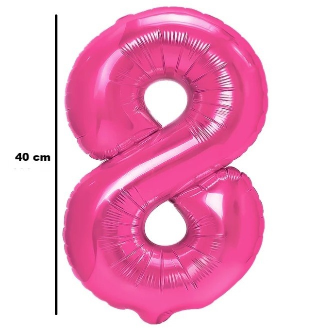 Balon din Folie Metalizata Flippy, Figurina Cifra, Tema Aniversare 40 cm, Ambalaj Individual, Pai inclus, Umflare cu Aer sau Heliu, Roz, Cifra 8 [2]