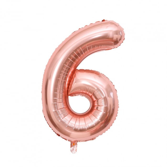 Balon din Folie Metalizata Flippy, Figurina Cifra, Tema Aniversare 40 cm, Ambalaj Individual, Pai inclus, Umflare cu Aer sau Heliu, Roz Gold, Cifra 6 [3]