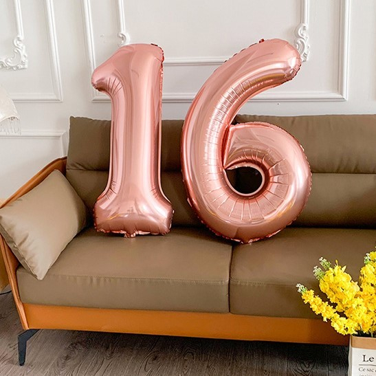 Balon din Folie Metalizata Flippy, Figurina Cifra, Tema Aniversare 40 cm, Ambalaj Individual, Pai inclus, Umflare cu Aer sau Heliu, Roz Gold, Cifra 6 [2]
