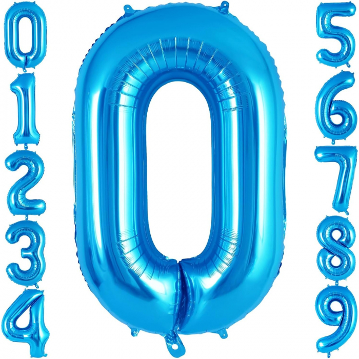 Balon din Folie Metalizata, Flippy, Figurina Cifra, Tema Aniversare 80 cm, Ambalaj Individual, Pai inclus, Umflare cu Aer sau Heliu, Albastru, Cifra 0 [6]
