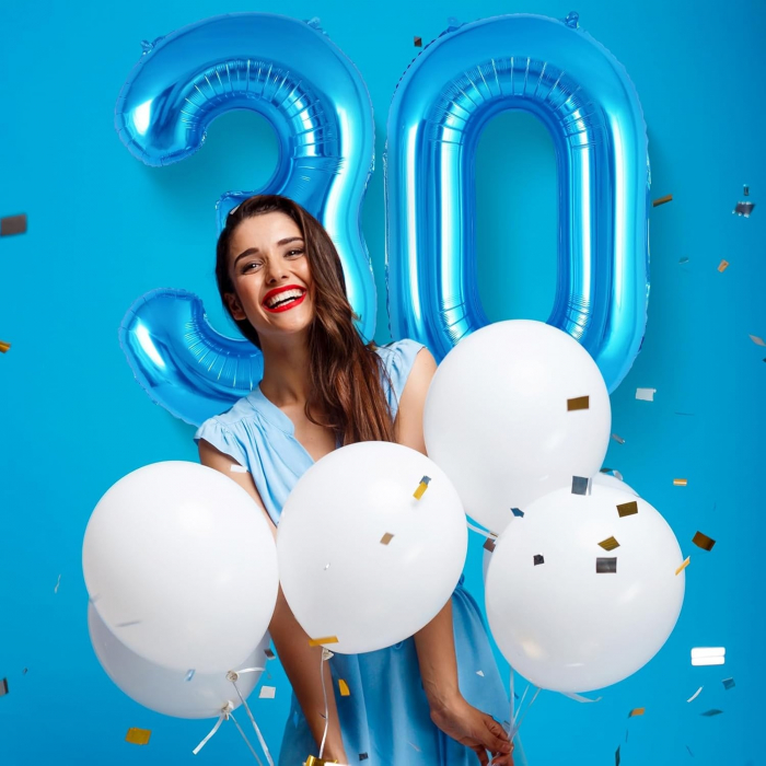 Balon din Folie Metalizata, Flippy, Figurina Cifra, Tema Aniversare 80 cm, Ambalaj Individual, Pai inclus, Umflare cu Aer sau Heliu, Albastru, Cifra 0 [3]