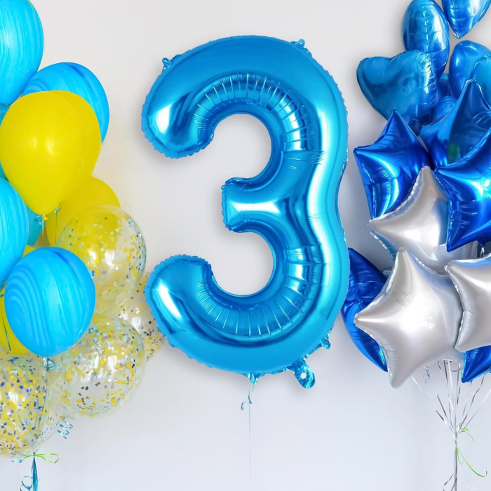 Balon din Folie Metalizata, Flippy, Figurina Cifra, Tema Aniversare 80 cm, Ambalaj Individual, Pai inclus, Umflare cu Aer sau Heliu, Albastru, Cifra 3 [7]