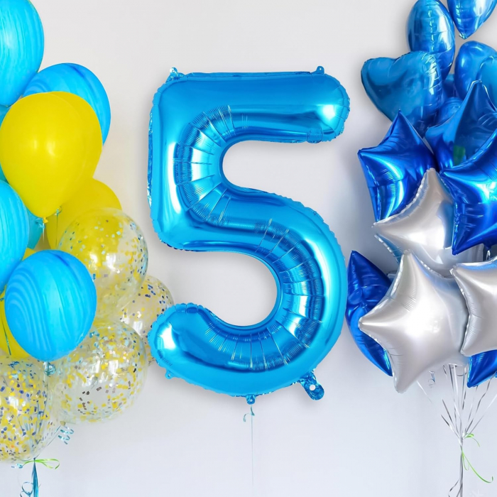 Balon din Folie Metalizata, Flippy, Figurina Cifra, Tema Aniversare 80 cm, Ambalaj Individual, Pai inclus, Umflare cu Aer sau Heliu, Albastru, Cifra 5 [6]