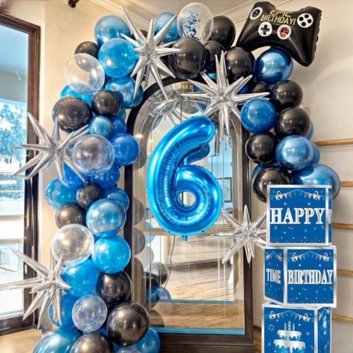 Balon din Folie Metalizata Flippy, Figurina Cifra, Tema Aniversare 80 cm, Ambalaj Individual, Pai inclus, Umflare cu Aer sau Heliu, Albastru, Cifra 6 [3]