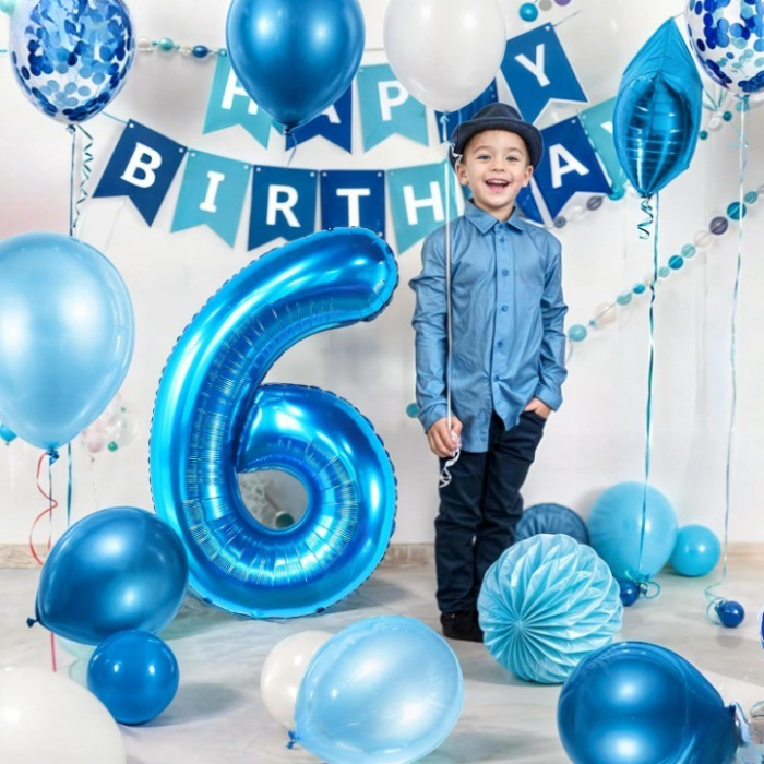 Balon din Folie Metalizata Flippy, Figurina Cifra, Tema Aniversare 80 cm, Ambalaj Individual, Pai inclus, Umflare cu Aer sau Heliu, Albastru, Cifra 6 [4]