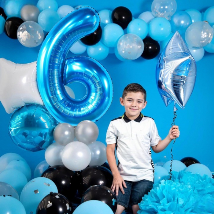 Balon din Folie Metalizata Flippy, Figurina Cifra, Tema Aniversare 80 cm, Ambalaj Individual, Pai inclus, Umflare cu Aer sau Heliu, Albastru, Cifra 6 [2]