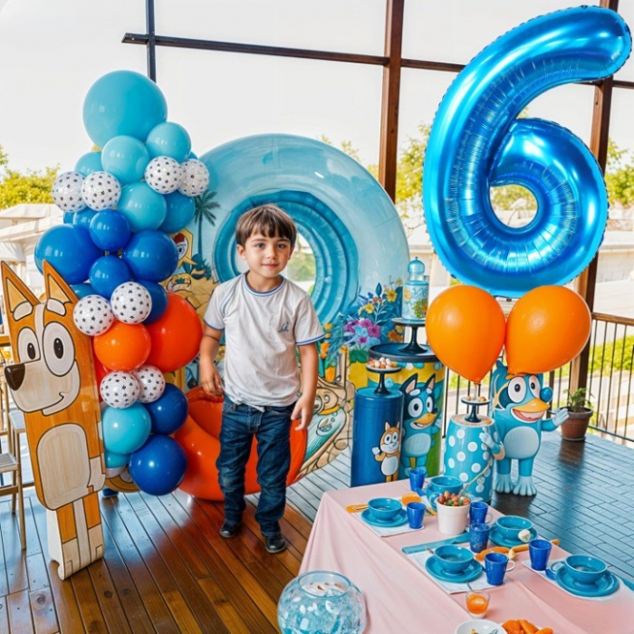 Balon din Folie Metalizata Flippy, Figurina Cifra, Tema Aniversare 80 cm, Ambalaj Individual, Pai inclus, Umflare cu Aer sau Heliu, Albastru, Cifra 6 [6]