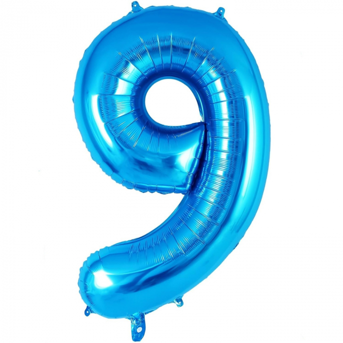 Balon din Folie Metalizata, Flippy, Figurina Cifra, Tema Aniversare 80 cm, Ambalaj Individual, Pai inclus, Umflare cu Aer sau Heliu, Albastru, Cifra 9 [1]