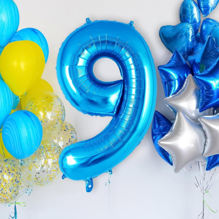 Balon din Folie Metalizata, Flippy, Figurina Cifra, Tema Aniversare 80 cm, Ambalaj Individual, Pai inclus, Umflare cu Aer sau Heliu, Albastru, Cifra 9 [6]