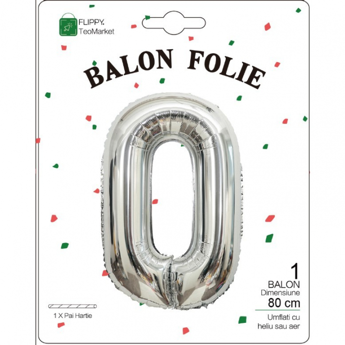 Balon din Folie Metalizata, Flippy, Figurina Cifra, Tema Aniversare 80 cm, Ambalaj Individual, Pai inclus, Umflare cu Aer sau Heliu, Argintiu, Cifra 0 [2]