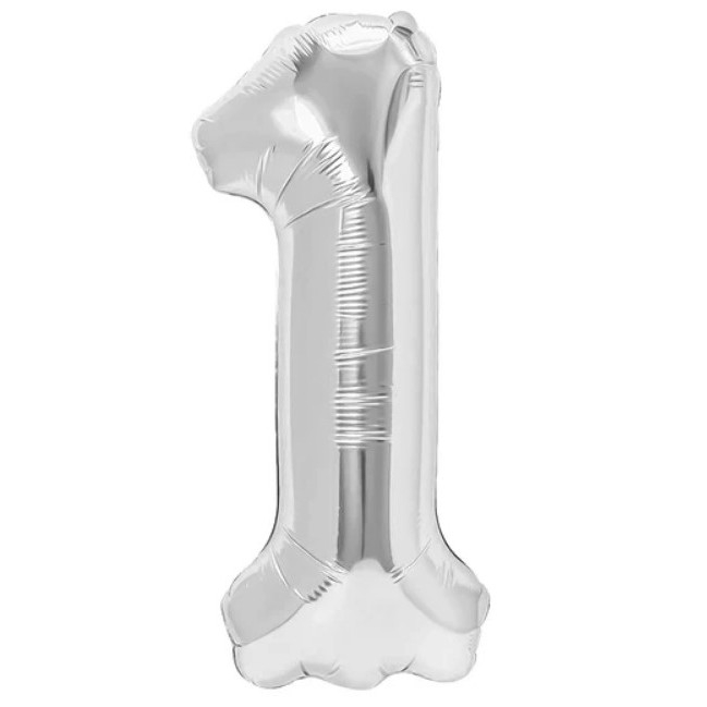 Balon din Folie Metalizata, Flippy, Figurina Cifra, Tema Aniversare 80 cm, Ambalaj Individual, Pai inclus, Umflare cu Aer sau Heliu, Argintiu, Cifra 1 [1]