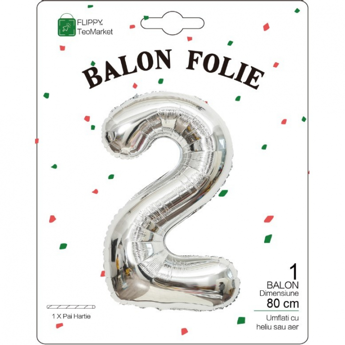 Balon din Folie Metalizata, Flippy, Figurina Cifra, Tema Aniversare 80 cm, Ambalaj Individual, Pai inclus, Umflare cu Aer sau Heliu, Argintiu, Cifra 2 [2]