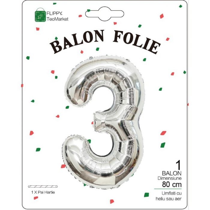 Balon din Folie Metalizata, Flippy, Figurina Cifra, Tema Aniversare 80 cm, Ambalaj Individual, Pai inclus, Umflare cu Aer sau Heliu, Argintiu, Cifra 3 [2]