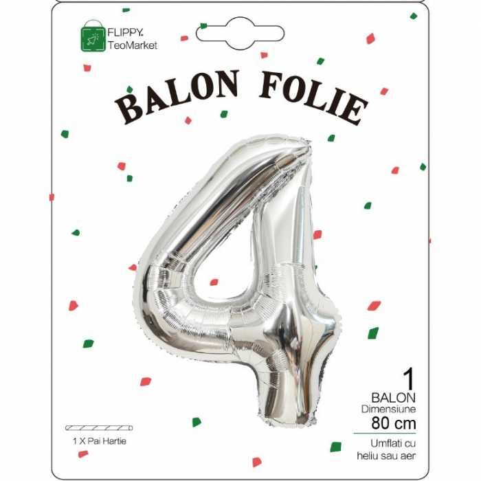 Balon din Folie Metalizata, Flippy, Figurina Cifra, Tema Aniversare 80 cm, Ambalaj Individual, Pai inclus, Umflare cu Aer sau Heliu, Argintiu, Cifra 4 [2]