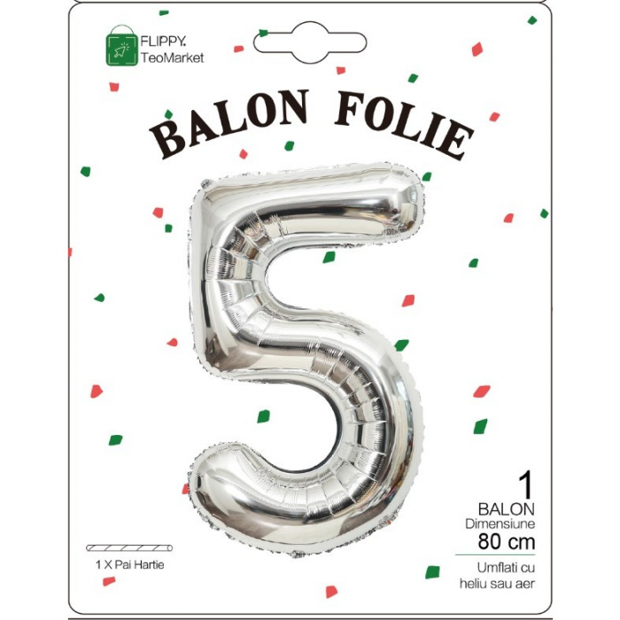 Balon din Folie Metalizata, Flippy, Figurina Cifra, Tema Aniversare 80 cm, Ambalaj Individual, Pai inclus, Umflare cu Aer sau Heliu, Argintiu, Cifra 5 [2]