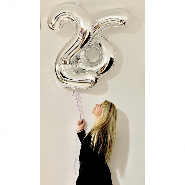 Balon din Folie Metalizata, Flippy, Figurina Cifra, Tema Aniversare 80 cm, Ambalaj Individual, Pai inclus, Umflare cu Aer sau Heliu, Argintiu, Cifra 6 [5]