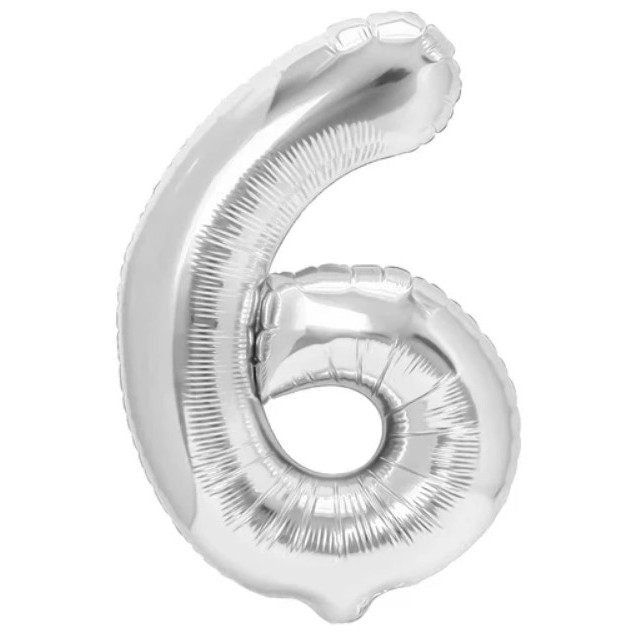 Balon din Folie Metalizata, Flippy, Figurina Cifra, Tema Aniversare 80 cm, Ambalaj Individual, Pai inclus, Umflare cu Aer sau Heliu, Argintiu, Cifra 6 [1]