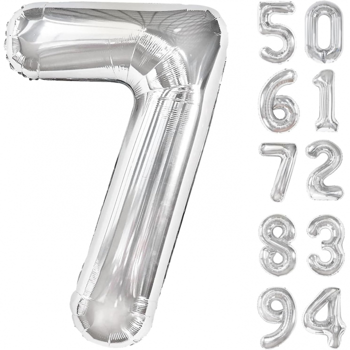 Balon din Folie Metalizata, Flippy, Figurina Cifra, Tema Aniversare 80 cm, Ambalaj Individual, Pai inclus, Umflare cu Aer sau Heliu, Argintiu, Cifra 7 [7]