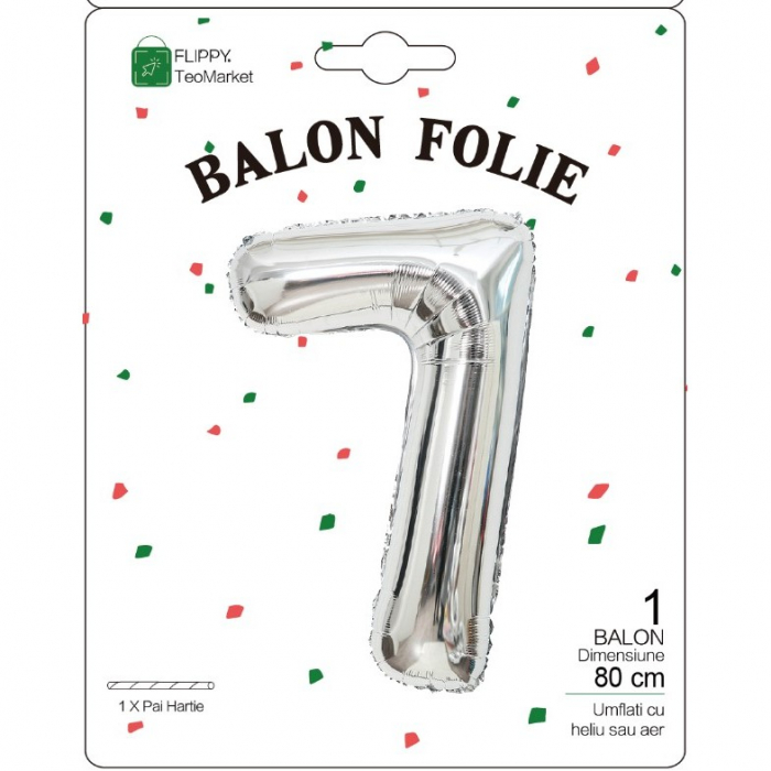 Balon din Folie Metalizata, Flippy, Figurina Cifra, Tema Aniversare 80 cm, Ambalaj Individual, Pai inclus, Umflare cu Aer sau Heliu, Argintiu, Cifra 7 [2]