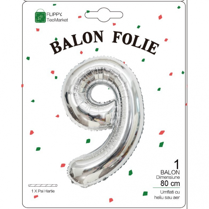 Balon din Folie Metalizata, Flippy, Figurina Cifra, Tema Aniversare 80 cm, Ambalaj Individual, Pai inclus, Umflare cu Aer sau Heliu, Argintiu, Cifra 9 [2]