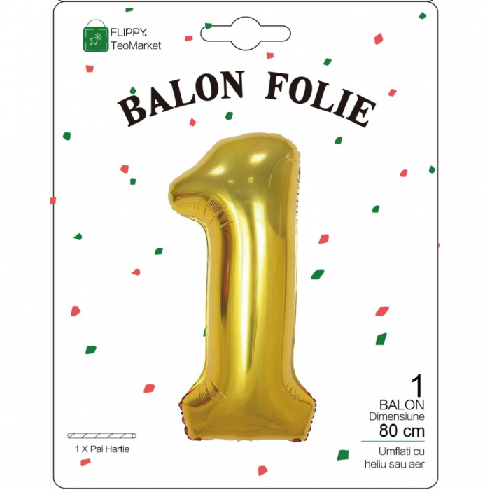 Balon din Folie Metalizata Flippy, Figurina Cifra, Tema Aniversare 80 cm, Ambalaj Individual, Pai inclus, Umflare cu Aer sau Heliu, Auriu, Cifra 1 [2]