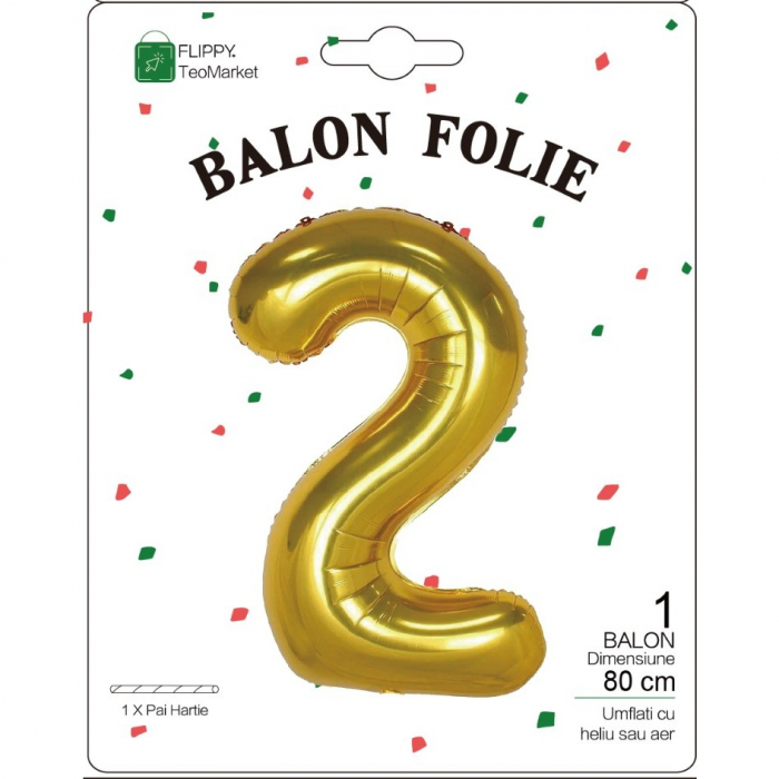 Balon din Folie Metalizata Flippy, Figurina Cifra, Tema Aniversare 80 cm, Ambalaj Individual, Pai inclus, Umflare cu Aer sau Heliu, Auriu, Cifra 2 [2]