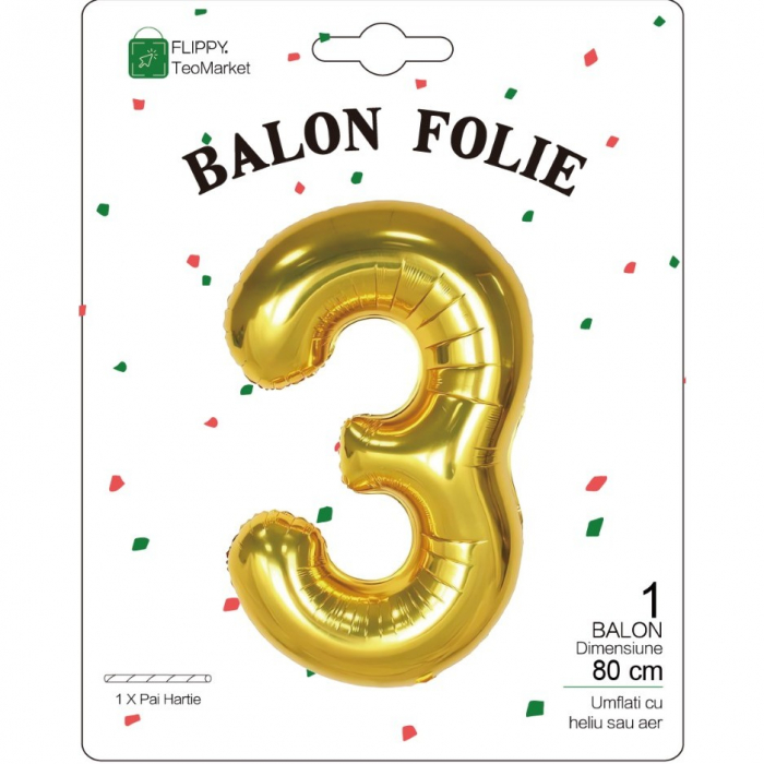 Balon din Folie Metalizata Flippy, Figurina Cifra, Tema Aniversare 80 cm, Ambalaj Individual, Pai inclus, Umflare cu Aer sau Heliu, Auriu, Cifra 3 [2]
