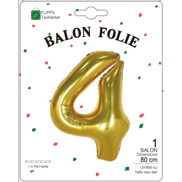 Balon din Folie Metalizata Flippy, Figurina Cifra, Tema Aniversare 80 cm, Ambalaj Individual, Pai inclus, Umflare cu Aer sau Heliu, Auriu, Cifra 4 [2]