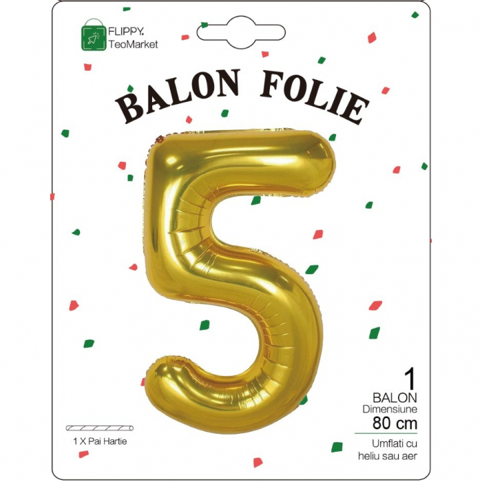 Balon din Folie Metalizata Flippy, Figurina Cifra, Tema Aniversare 80 cm, Ambalaj Individual, Pai inclus, Umflare cu Aer sau Heliu, Auriu, Cifra 5 [2]
