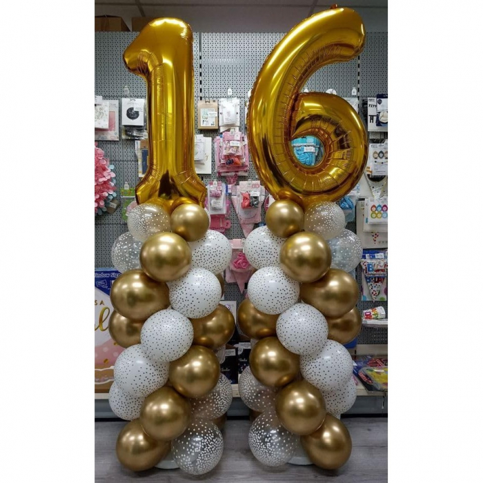 Balon din Folie Metalizata Flippy, Figurina Cifra, Tema Aniversare 80 cm, Ambalaj Individual, Pai inclus, Umflare cu Aer sau Heliu, Auriu, Cifra 6 [5]