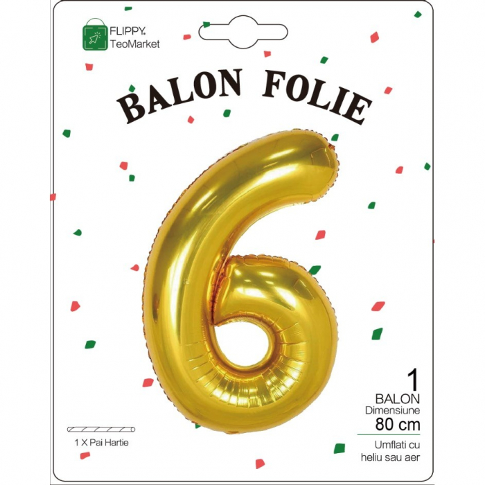 Balon din Folie Metalizata Flippy, Figurina Cifra, Tema Aniversare 80 cm, Ambalaj Individual, Pai inclus, Umflare cu Aer sau Heliu, Auriu, Cifra 6 [2]