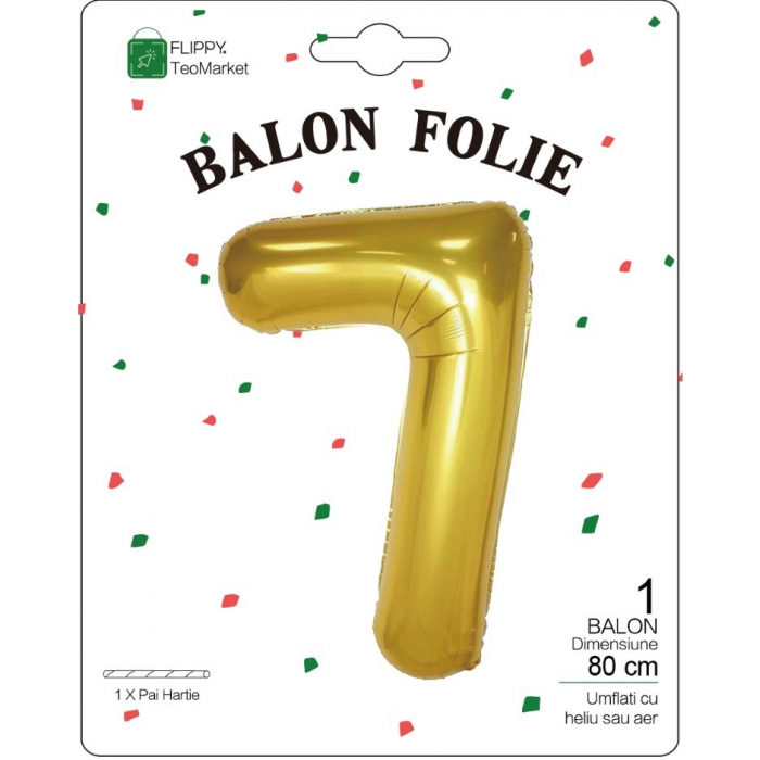 Balon din Folie Metalizata Flippy, Figurina Cifra, Tema Aniversare 80 cm, Ambalaj Individual, Pai inclus, Umflare cu Aer sau Heliu, Auriu, Cifra 7 [2]