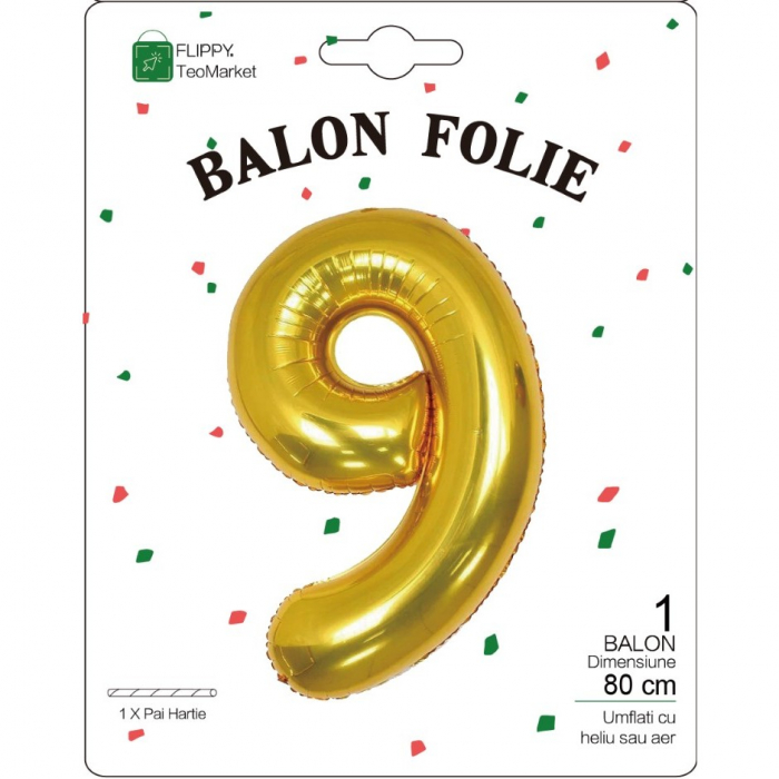 Balon din Folie Metalizata Flippy, Figurina Cifra, Tema Aniversare 80 cm, Ambalaj Individual, Pai inclus, Umflare cu Aer sau Heliu, Auriu, Cifra 9 [2]
