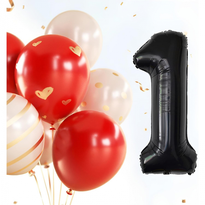 Balon din Folie Metalizata, Flippy, Figurina Cifra, Tema Aniversare 80 cm, Ambalaj Individual, Pai inclus, Umflare cu Aer sau Heliu, Negru, Cifra 1 [4]