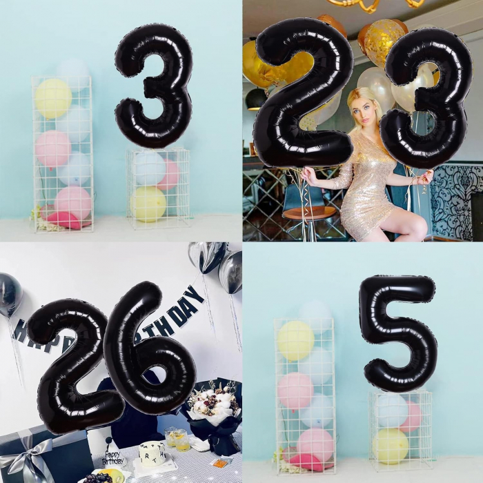 Balon din Folie Metalizata, Flippy, Figurina Cifra, Tema Aniversare 80 cm, Ambalaj Individual, Pai inclus, Umflare cu Aer sau Heliu, Negru, Cifra 2 [7]