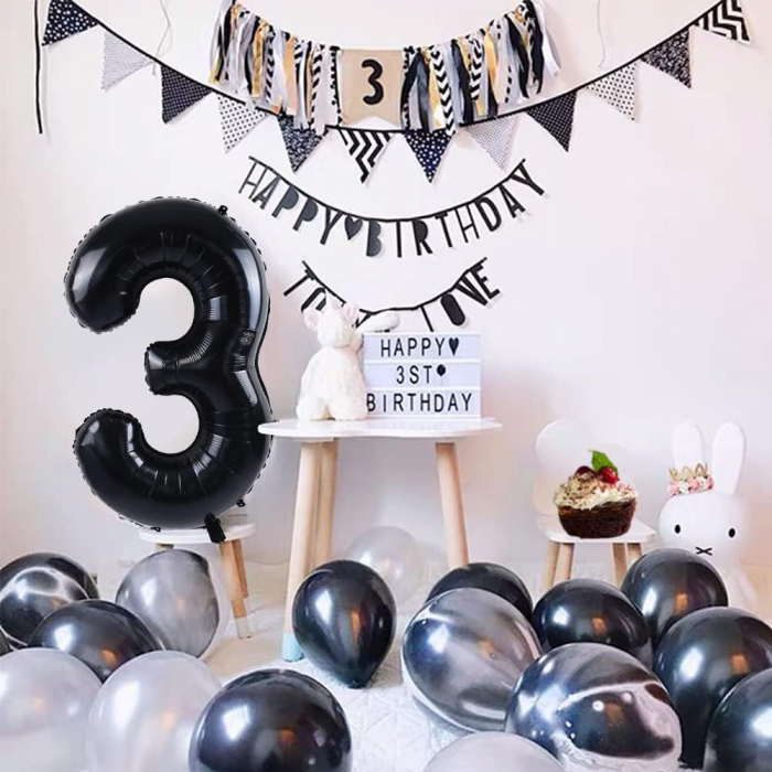Balon din Folie Metalizata, Flippy, Figurina Cifra, Tema Aniversare 80 cm, Ambalaj Individual, Pai inclus, Umflare cu Aer sau Heliu, Negru, Cifra 3 [11]
