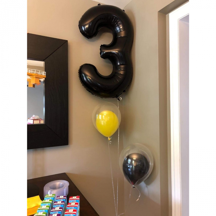 Balon din Folie Metalizata, Flippy, Figurina Cifra, Tema Aniversare 80 cm, Ambalaj Individual, Pai inclus, Umflare cu Aer sau Heliu, Negru, Cifra 3 [10]