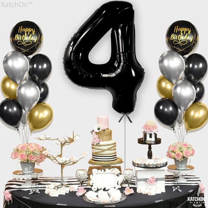 Balon din Folie Metalizata, Flippy, Figurina Cifra, Tema Aniversare 80 cm, Ambalaj Individual, Pai inclus, Umflare cu Aer sau Heliu, Negru, Cifra 4 [6]