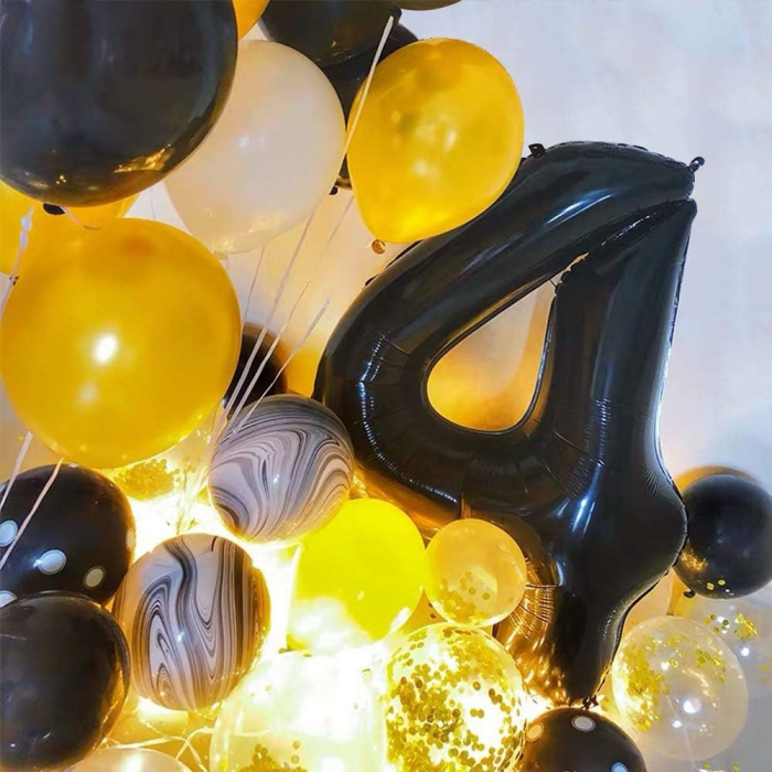 Balon din Folie Metalizata, Flippy, Figurina Cifra, Tema Aniversare 80 cm, Ambalaj Individual, Pai inclus, Umflare cu Aer sau Heliu, Negru, Cifra 4 [8]