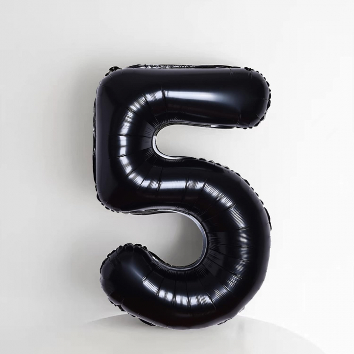 Balon din Folie Metalizata, Flippy, Figurina Cifra, Tema Aniversare 80 cm, Ambalaj Individual, Pai inclus, Umflare cu Aer sau Heliu, Negru, Cifra 5 [4]