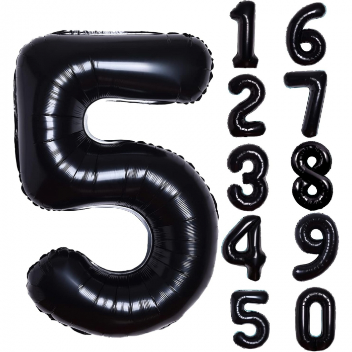 Balon din Folie Metalizata, Flippy, Figurina Cifra, Tema Aniversare 80 cm, Ambalaj Individual, Pai inclus, Umflare cu Aer sau Heliu, Negru, Cifra 5 [6]
