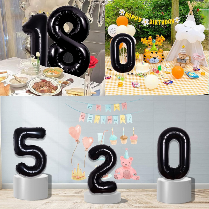 Balon din Folie Metalizata, Flippy, Figurina Cifra, Tema Aniversare 80 cm, Ambalaj Individual, Pai inclus, Umflare cu Aer sau Heliu, Negru, Cifra 5 [3]