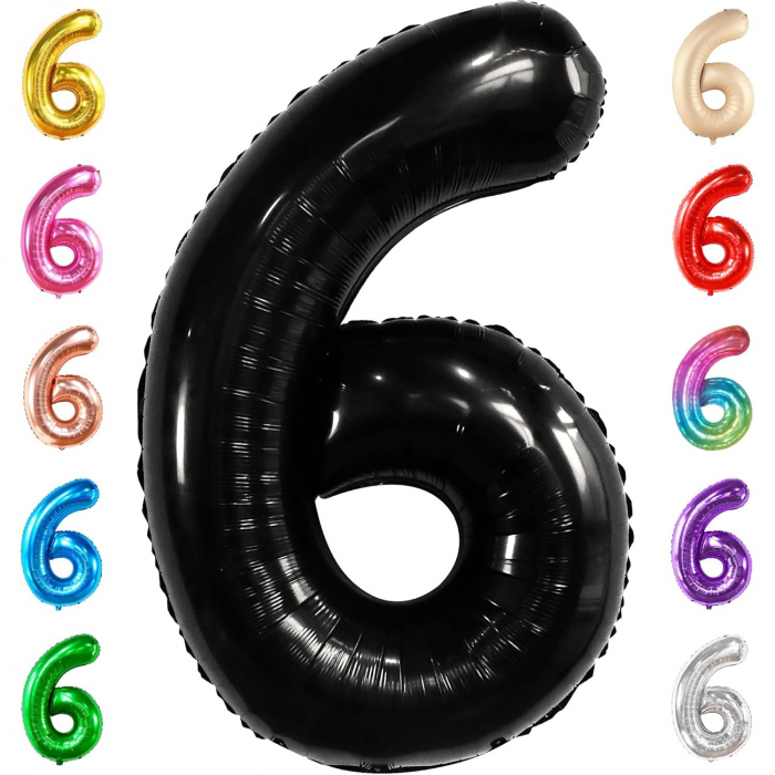 Balon din Folie Metalizata, Flippy, Figurina Cifra, Tema Aniversare 80 cm, Ambalaj Individual, Pai inclus, Umflare cu Aer sau Heliu, Negru, Cifra 6 [8]